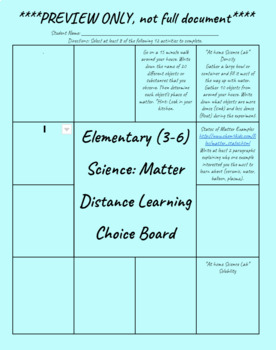 Preview of Elementary Science Matter Choice Board EDITABLE: Distance Learning (Grade 3-6)