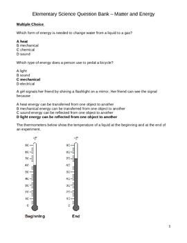 Preview of Elementary Science Question Bank - Matter and Energy