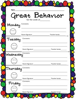 Elementary Weekly Behavior Chart by Gretchen Kassel | TpT