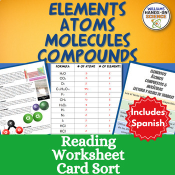 Preview of Elements Atoms Compounds Molecules Card Sort Worksheet Includes Spanish