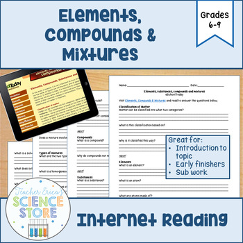 Preview of Elements, Compounds & Mixtures Web Based Reading Activity