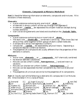 Elements, Compounds, Mixtures Worksheet with Answer Key | TpT