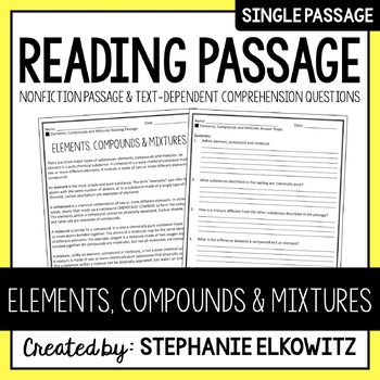 Preview of Elements, Compounds and Mixtures Reading Passage | Printable & Digital