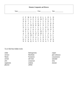 Elements, Compounds and Mixtures Word Search puzzle with key | TpT