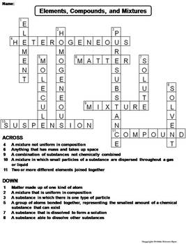 Elements Compounds and Mixtures Worksheet/ Crossword Puzzle by Science Spot