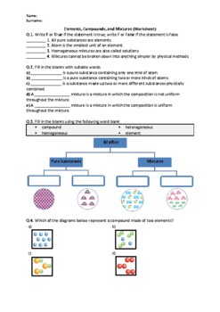Preview of Elements, Compounds, and Mixtures - Worksheet | Easel Activity & Printable PDF
