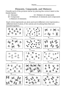 Preview of Elements, Compounds and Mixtures worksheet