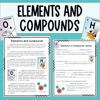Preview of Elements and Compounds - Reading Passage, Comprehension, Notes, and Sort