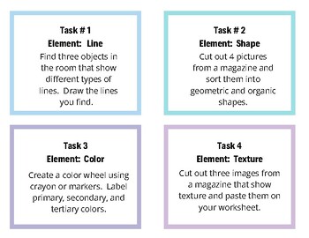 Preview of Elements and Principles of Design Task Cards with Worksheet