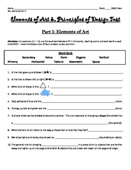 Preview of Elements of Art & Principles of Design Test