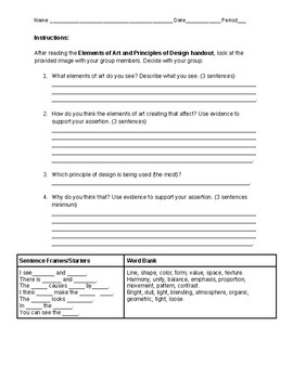 Preview of Elements of Art and Principles of Design ACEIT Worksheet