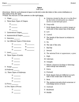 Preview of Elements of Dance: Unit Quiz on Space