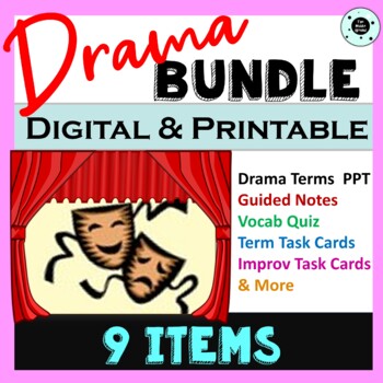 Preview of 9 Items - Elements of Drama Bundle - Theater Terms Quiz, PPT, Task Cards & more!