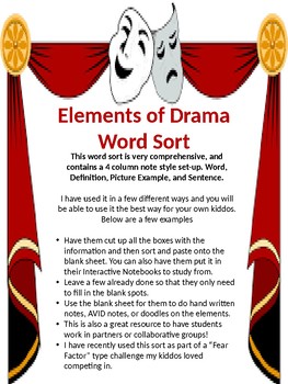 Preview of Elements of Drama Comprehensive Word Sort, Interactive, Fiction, Hands on