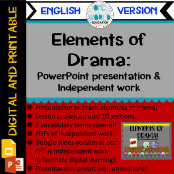 Preview of Elements of Drama: Powerpoint Lesson and Practice Work ENGLISH VERSION