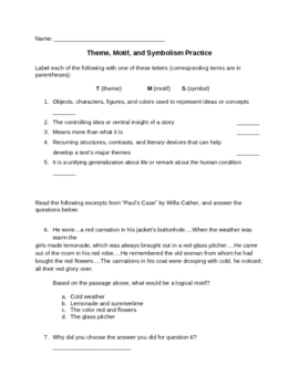 Preview of Elements of Fiction: Theme, Motif, and Symbolism Practice Sheet 