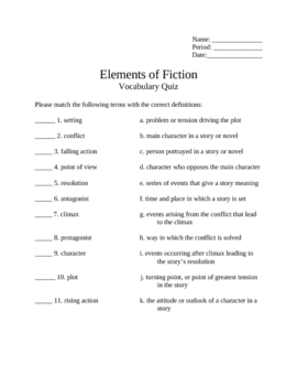 elements of fiction worksheet middle school