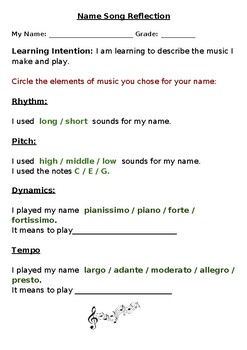 Preview of Elements of Music Reflection/Assessment worksheet