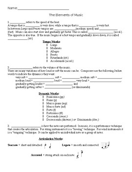 Preview of Elements of Music Worksheet