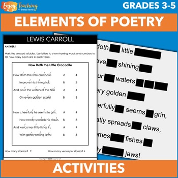 Preview of Elements of Poetry Worksheets – Structures, Sound Devices, Rhythm, Rhyme