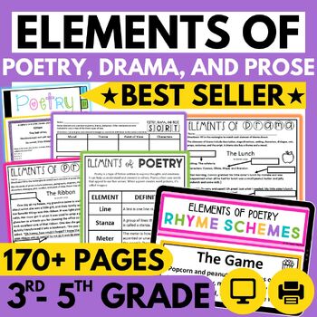 Preview of Elements of Poetry Unit, Drama, and Prose Poetry Comprehension 3rd 4th 5th Grade