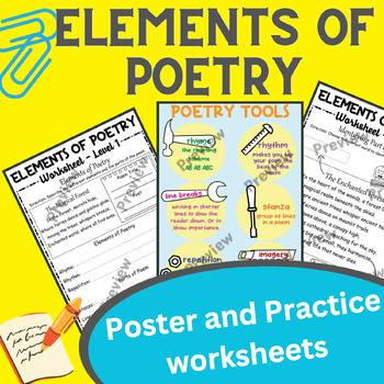 Preview of Elements of Poetry | Poetry Worksheet, Poster, Anchor chart (3 levels included)