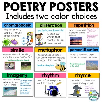Preview of Poetry Posters ~ Poetry Elements Definitions & Examples 2 Color Options
