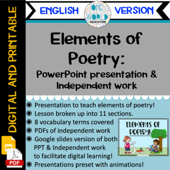 Preview of Elements of Poetry: Powerpoint Lesson and Practice Work ENGLISH VERSION