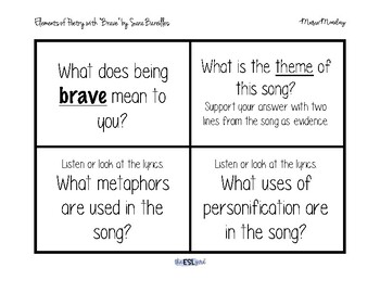 Preview of Elements of Poetry Sara Bareilles Brave Task Cards!