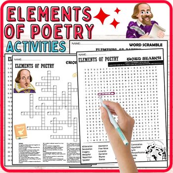 Preview of Elements of Poetry Vocabulary Fun Worksheets,Terms,Wordsearch & Crosswords