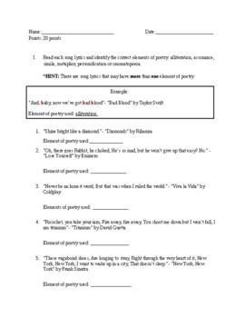 Preview of Elements of Poetry in Song Lyrics Worksheet