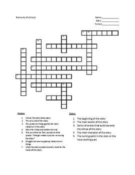 Preview of Elements of a Story Crossword and Worksheet