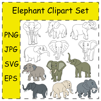 Preview of Elephant Clipart Collection. Cartoon Hand-drawn Wild Animals | Commercial Use