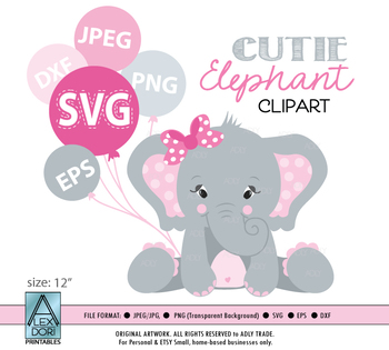 Elephant SVG, vector clip art, baby girl elephant for baby shower, birthday