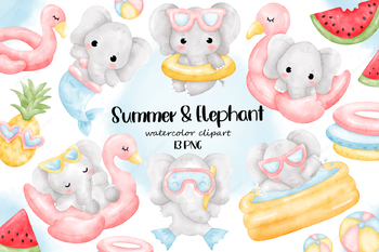 Preview of Elephant clipart, Elephant watercolor clipart, Summer clipart