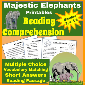 Preview of Majestic Elephants Reading Comprehension Packet