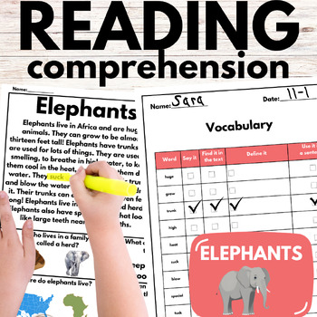 Preview of Elephants: Non-Fiction Reading Comprehension Passages & Questions + Vocabulary