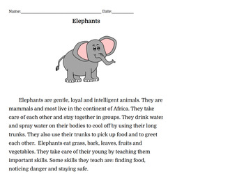 Preview of Elephants~ Short Passage and Questions for Small Group Instruction