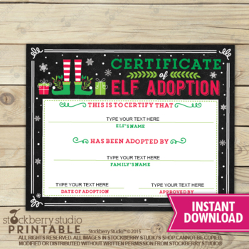 Printable Elf Adoption Certificate Editable, First Year Christmas