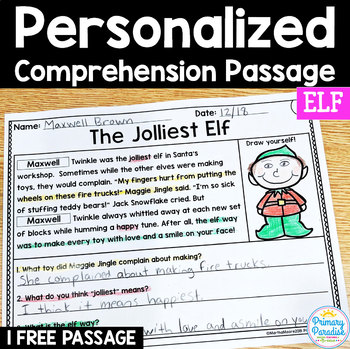 Preview of Elf Free Reading Passage: PERSONALIZED Comprehension Christmas