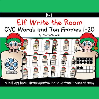 Preview of Christmas CVC Words | Elf | Ten Frames | Literacy Math Center | Write the Room