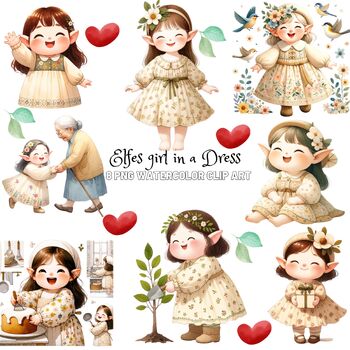 Preview of Elfe Girls in a dress,(A0015)clip art,watercolor,illustration,teacher,student 