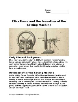 Preview of Elias Howe and the Invention of the Sewing Machine Worksheet