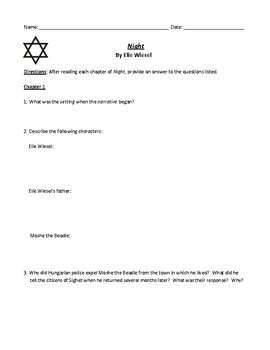 Preview of Elie Wiesel's Night Review Worksheet, Daily Quizzes, or Homework & Answer Keys