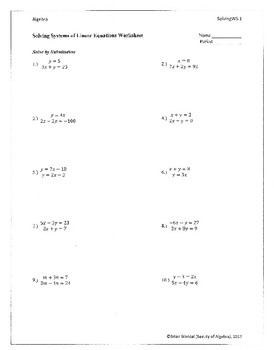 Preview of Elimination and Substitution Method Worksheet with Key