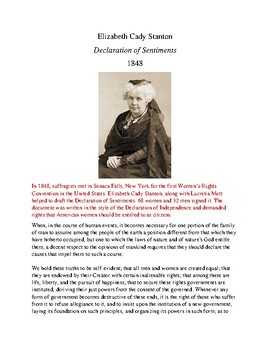Preview of Elizabeth Cady Stanton: Declaration of Sentiments- Reading and Questions