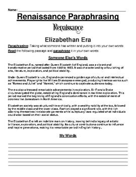 Elizabethan Era Paraphrasing Worksheet by Academic Links | TPT