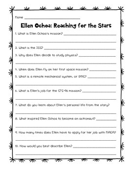 Ellen Ochoa: Reaching for the Stars Comprehension Questions by Aggieteach