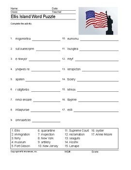 Ellis Island Word Search and Word Puzzle Worksheet ...