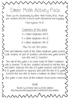 Elmer Math Activity Pack by Alana von Finster | Teachers Pay Teachers